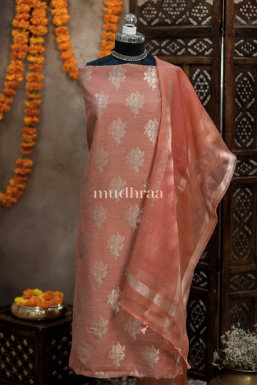 PEACH PINK BANARASI WOVEN RAW SILK SUIT SET