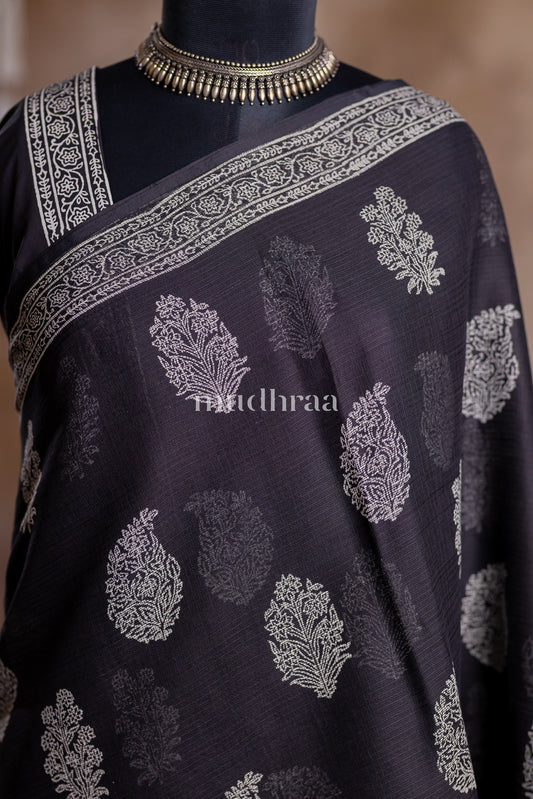 BLACK & WHITE HANDBLOCK PRINTED KOTA COTTON SAREE