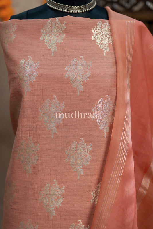 PEACH PINK BANARASI WOVEN RAW SILK SUIT SET