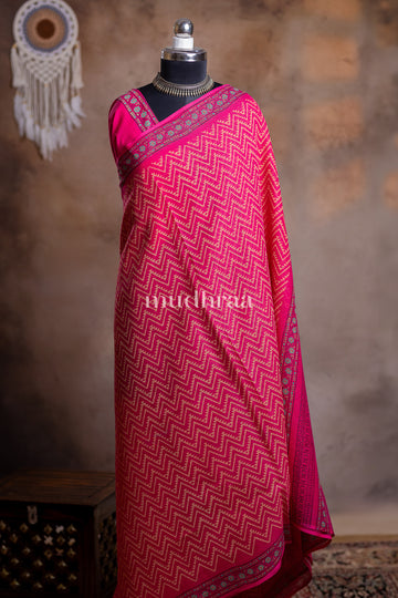 BARBIE PINK HANDBLOCK PRINTED KOTA COTTON SAREE
