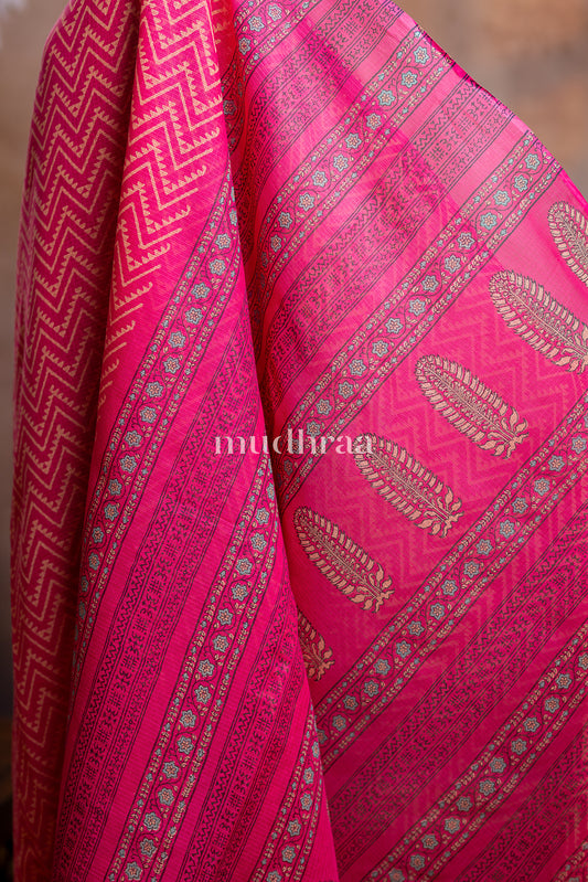 BARBIE PINK HANDBLOCK PRINTED KOTA COTTON SAREE