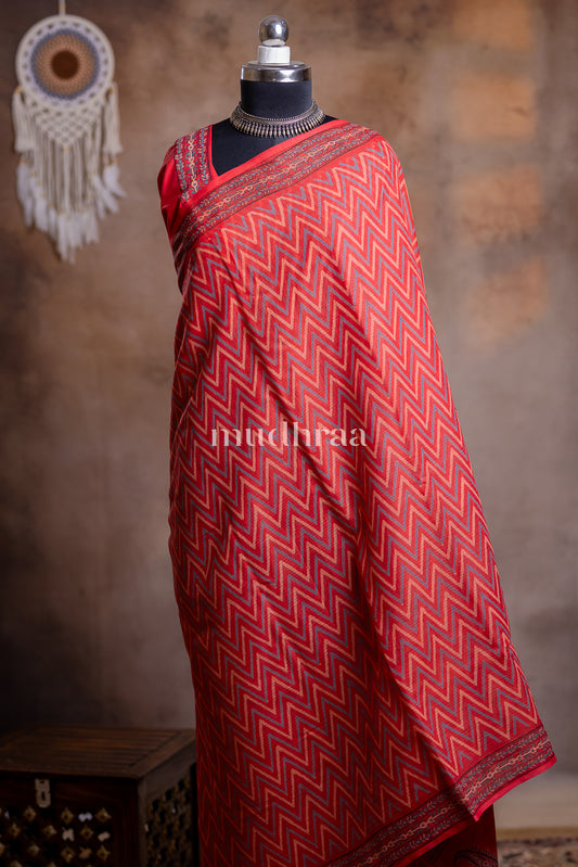 CORAL HANDBLOCK PRINTED KOTA COTTON SAREE