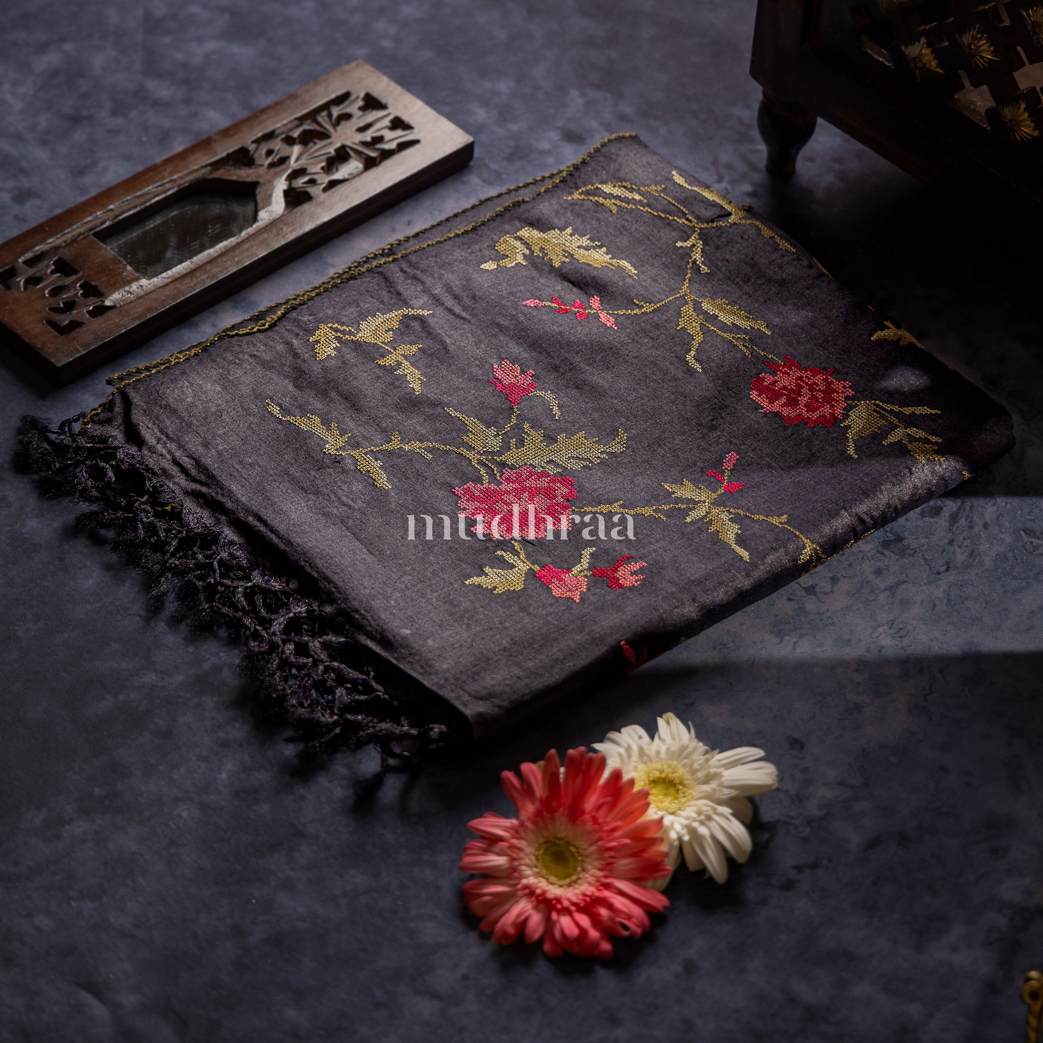 BLACK & RED CROSS-STITCH TUSSAR SAREE