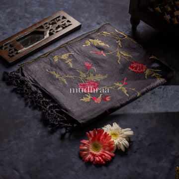 BLACK & RED CROSS-STITCH TUSSAR SAREE