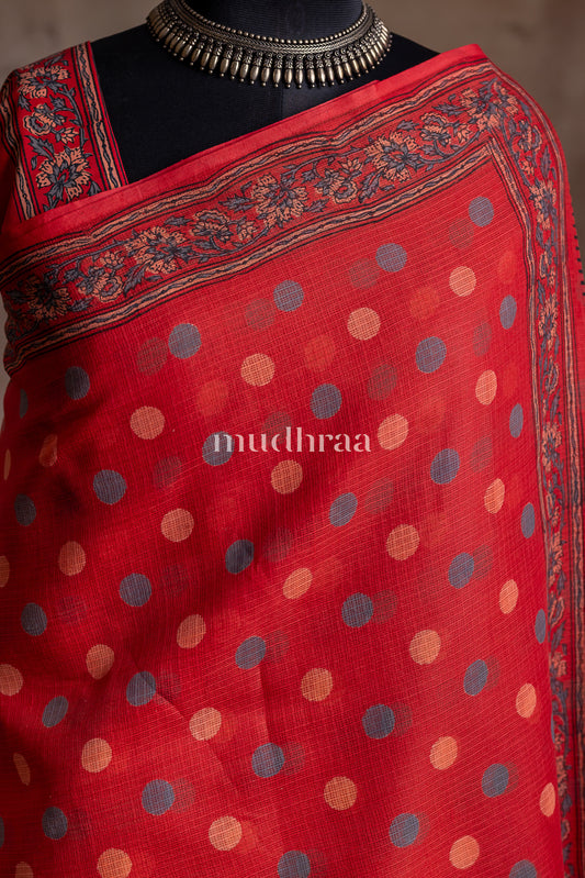 SCARLET HANDBLOCK PRINTED KOTA COTTON SAREE
