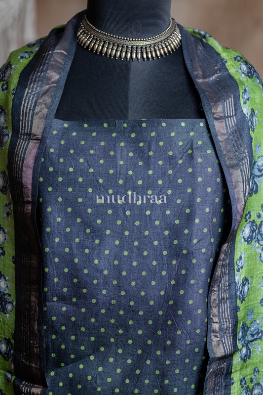 BLACK & GREEN POLKA TUSSAR SUIT SET
