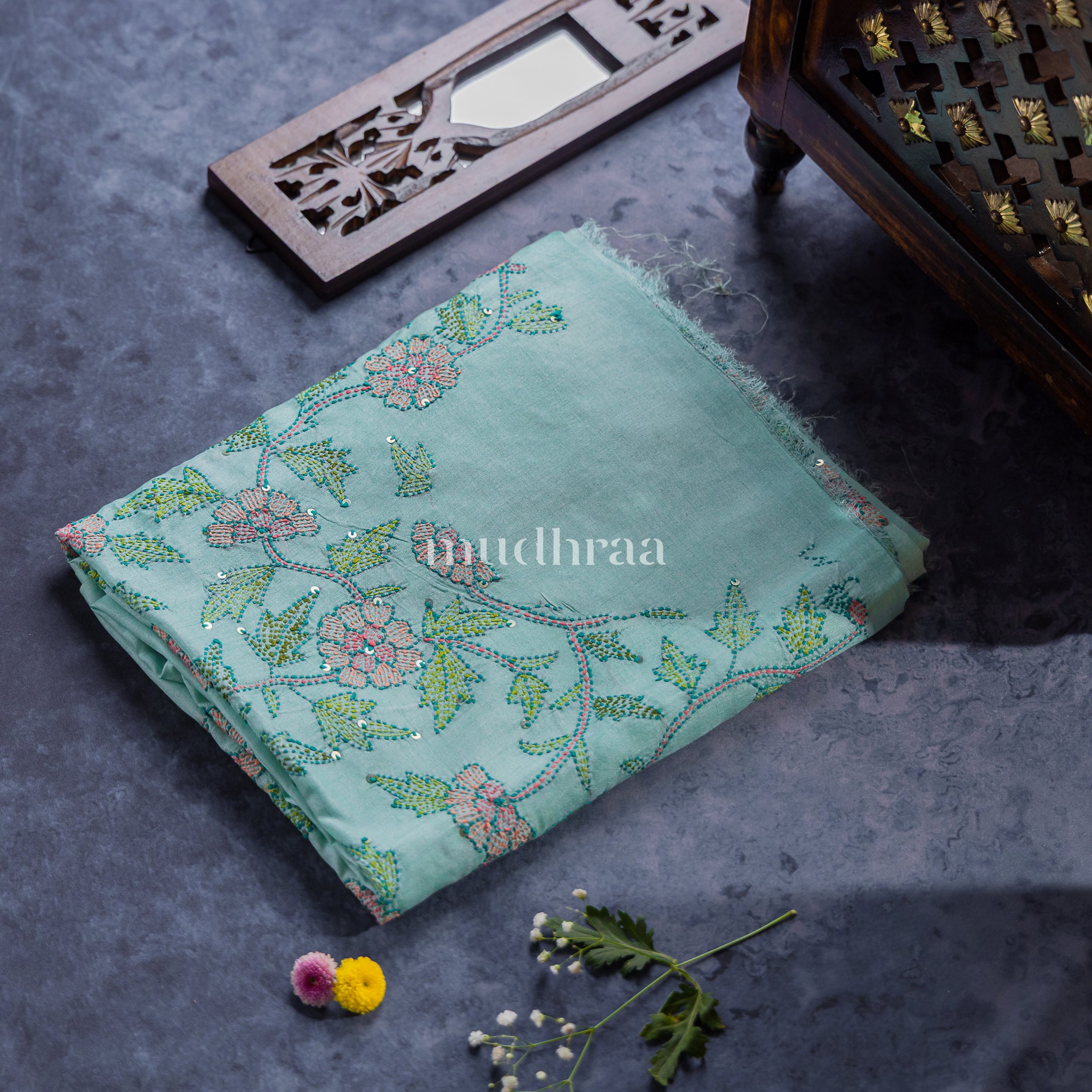 ICE BLUE KANTHA SEQUIN TUSSAR SUIT SET