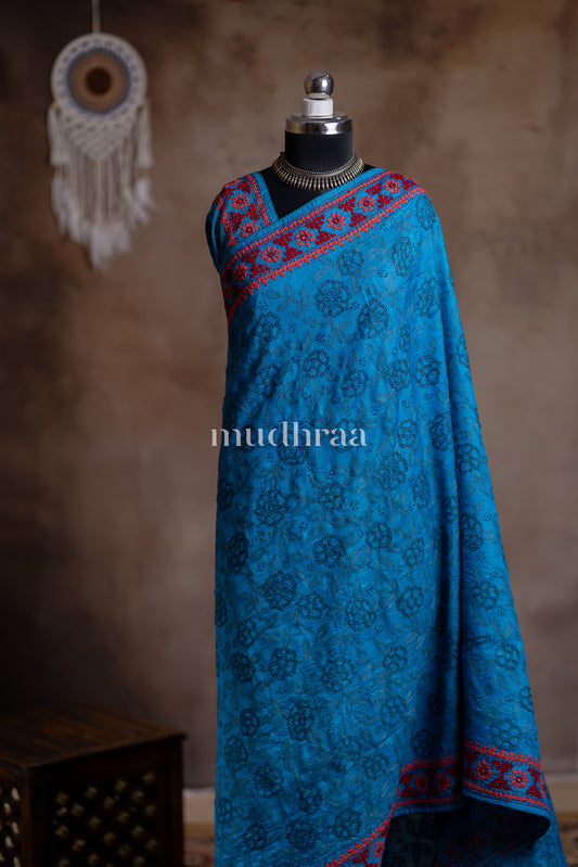 COBALT & RED KUTCH - KANTHA TUSSAR SAREEE