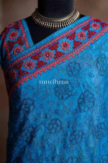 COBALT & RED KUTCH - KANTHA TUSSAR SAREEE