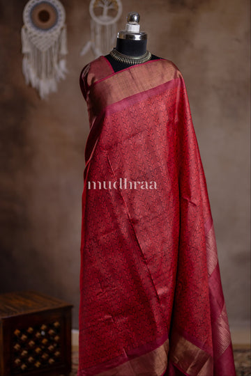 RED HANDBLOCK PRINTED TUSSAR SAREE