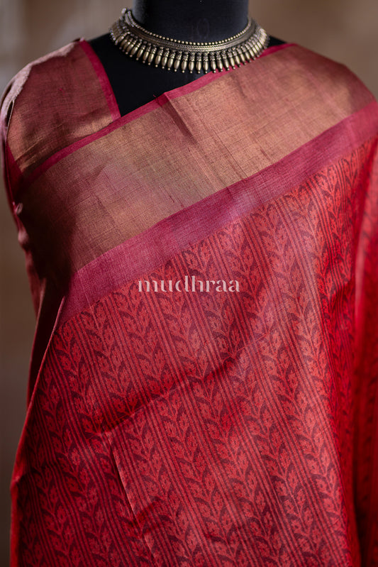 RED HANDBLOCK PRINTED TUSSAR SAREE