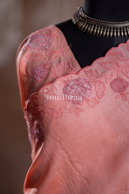 CORAL PEACH APPLIQUE-FLORAL EMBROIDERED TUSSAR SAREE