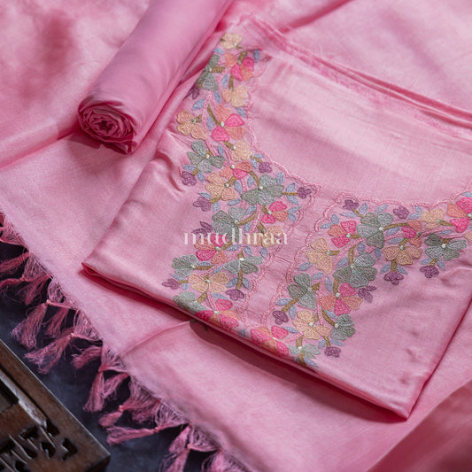 PASTEL PINK FLORAL TUSSAR SUIT SET