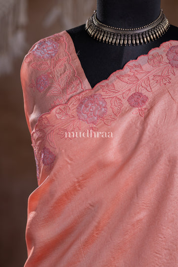 CORAL PEACH APPLIQUE-FLORAL EMBROIDERED TUSSAR SAREE
