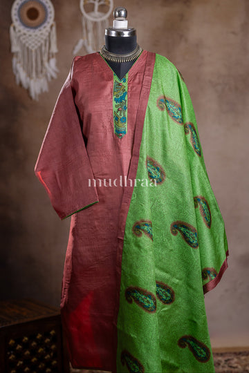 BRICK & GREEN SEMI-STITCHED TUSSAR SUIT SET
