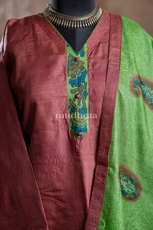 BRICK & GREEN SEMI-STITCHED TUSSAR SUIT SET