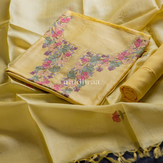 PASTEL YELLOW FLORAL TUSSAR SUIT SET