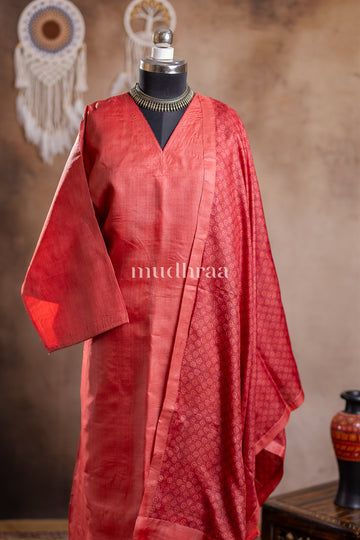 GARNET RED SEMI-STITCHED TUSSAR SUIT SET