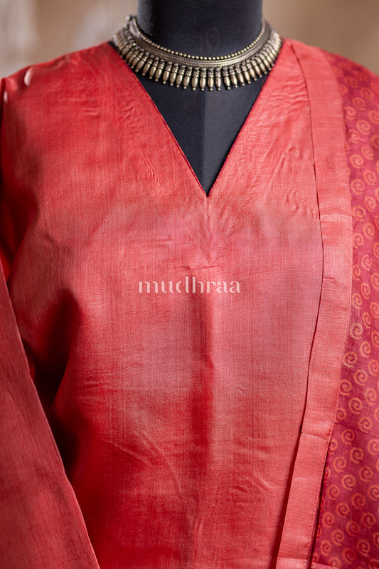 GARNET RED SEMI-STITCHED TUSSAR SUIT SET