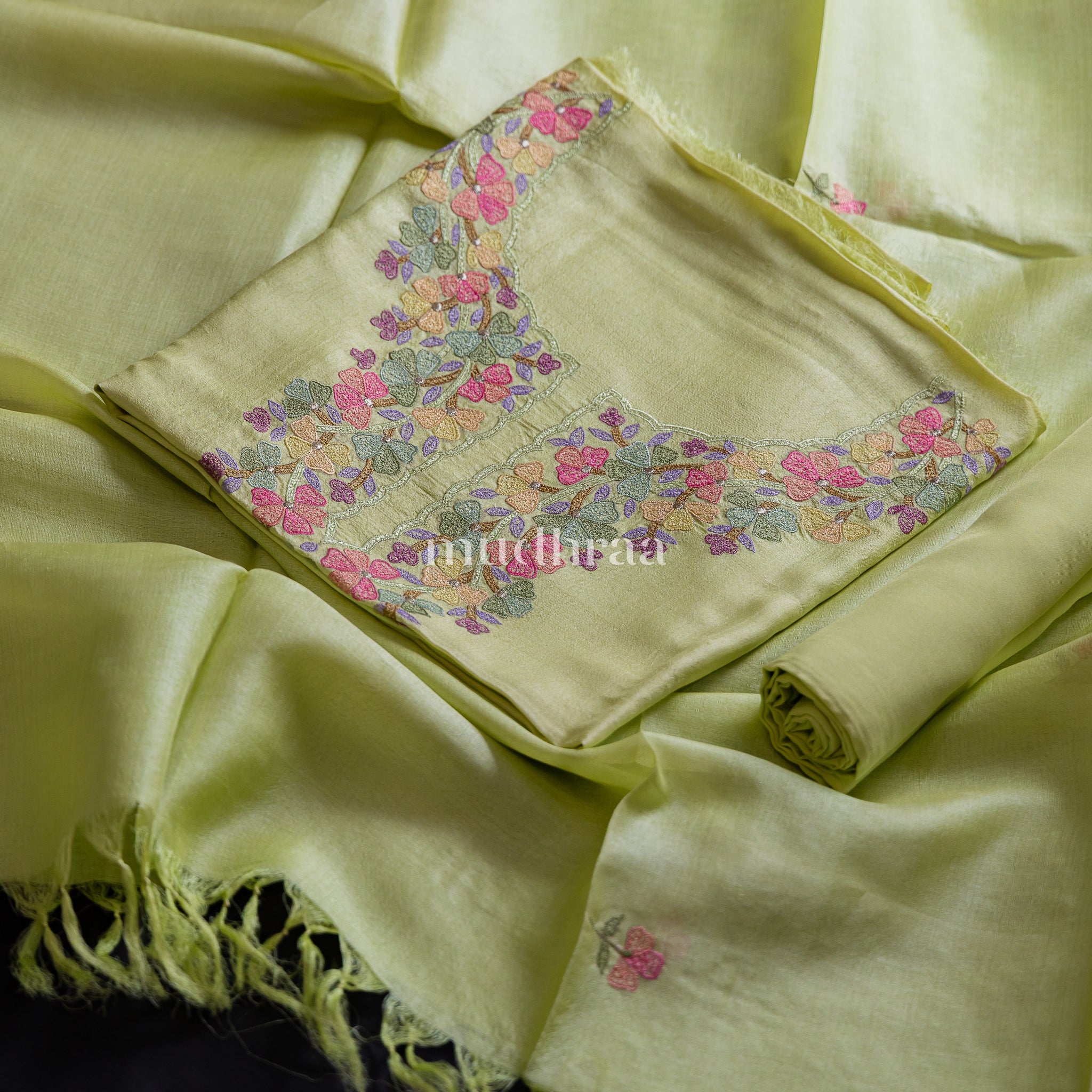 PISTA GREEN FLORAL TUSSAR SUIT SET