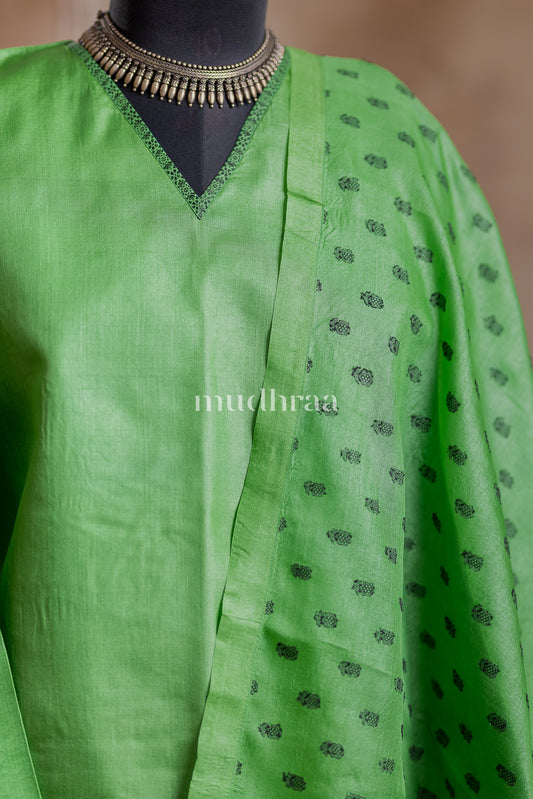 PARAKEET GREEN SEMI-STITCHED TUSSAR SUIT SET