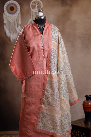 PEARL PEACH SEMI-STITCHED TUSSAR SUIT SET