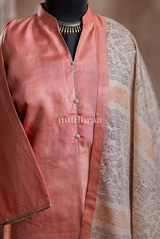 PEARL PEACH SEMI-STITCHED TUSSAR SUIT SET