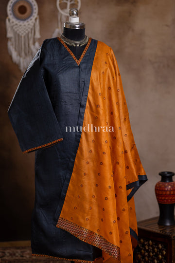 BLACK & ORANGE SEMI-STITCHED TUSSAR SUIT SET