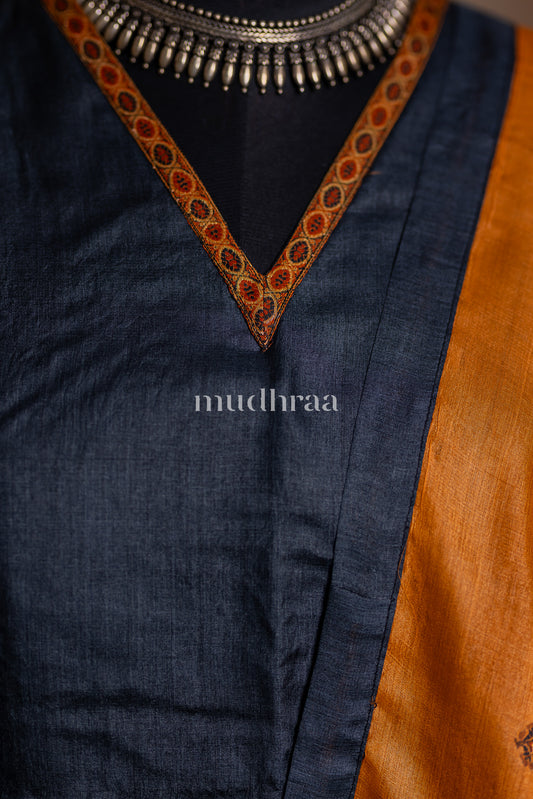 BLACK & ORANGE SEMI-STITCHED TUSSAR SUIT SET