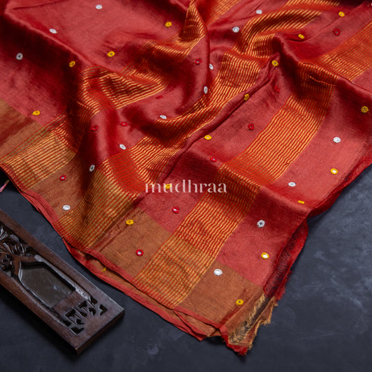 RED MIRROR WORK TUSSAR SAREE