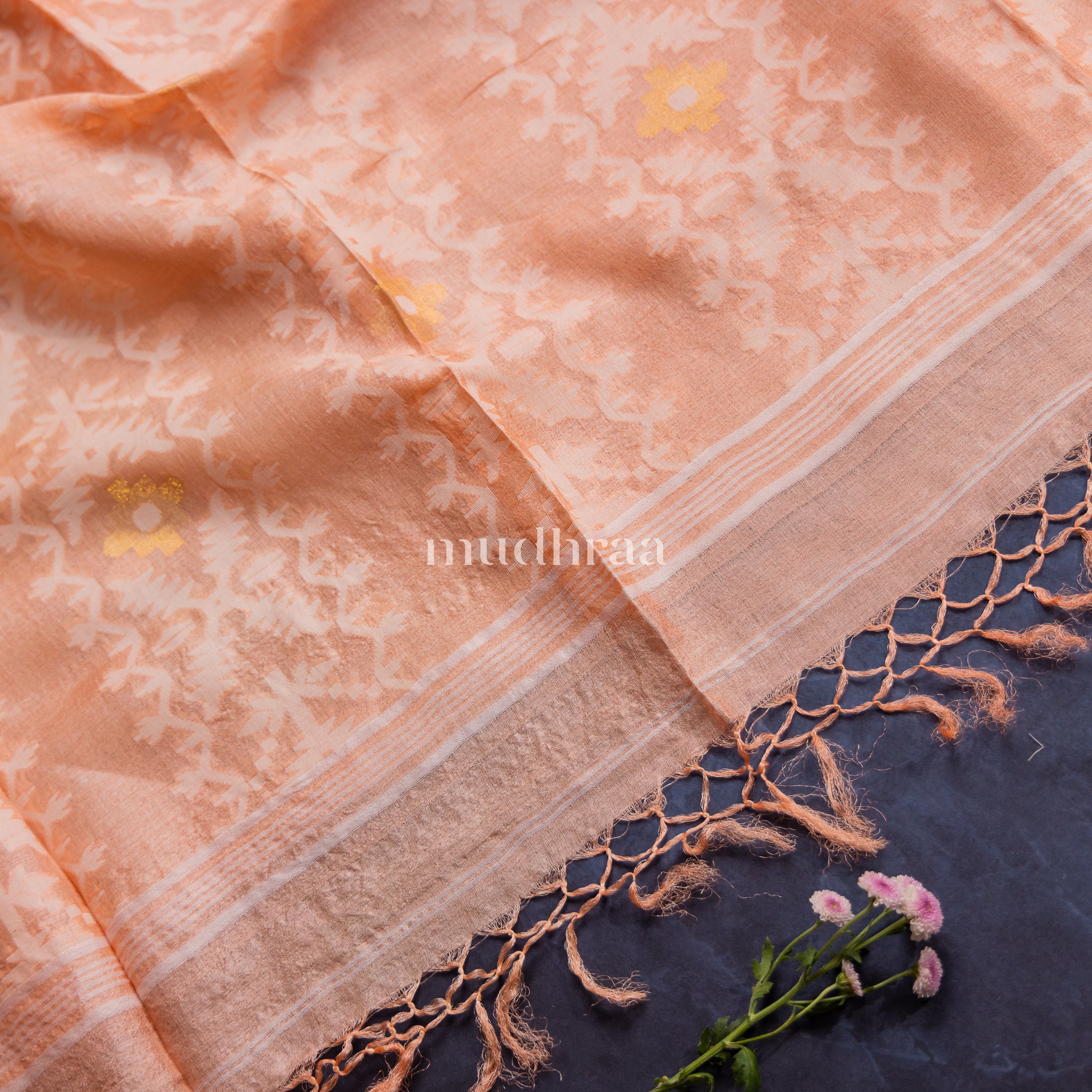 PEACHISH PINK HANDWOVEN JAMDANI TUSSAR SILK SAREE