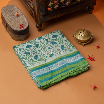 PEAR GREEN HANDBLOCK PRINTED TUSSAR SAREE