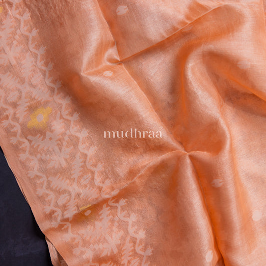 PEACHISH PINK HANDWOVEN JAMDANI TUSSAR SILK SAREE