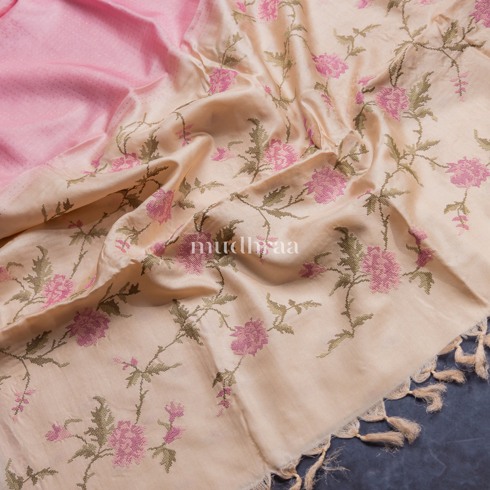 PASTEL PINK & IVORY CROSS-STITCH TUSSAR SAREE