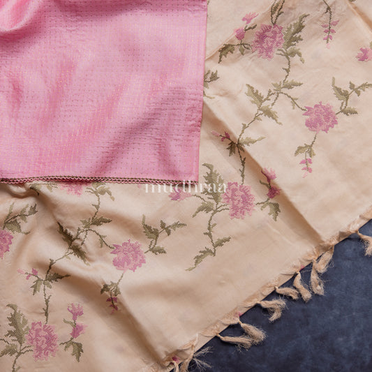 PASTEL PINK & IVORY CROSS-STITCH TUSSAR SAREE