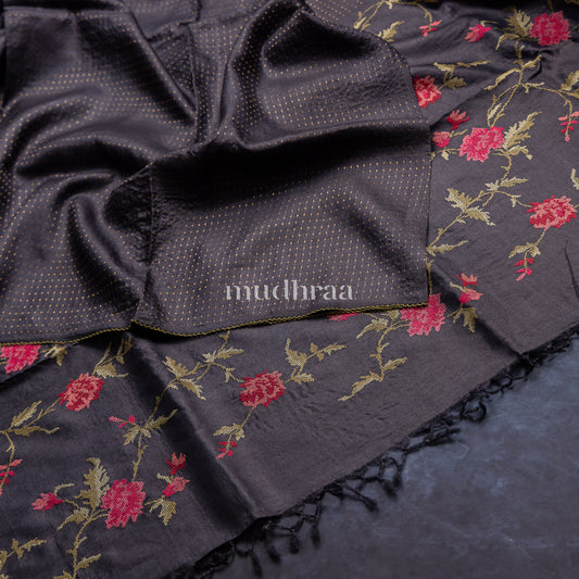 BLACK & RED CROSS-STITCH TUSSAR SAREE