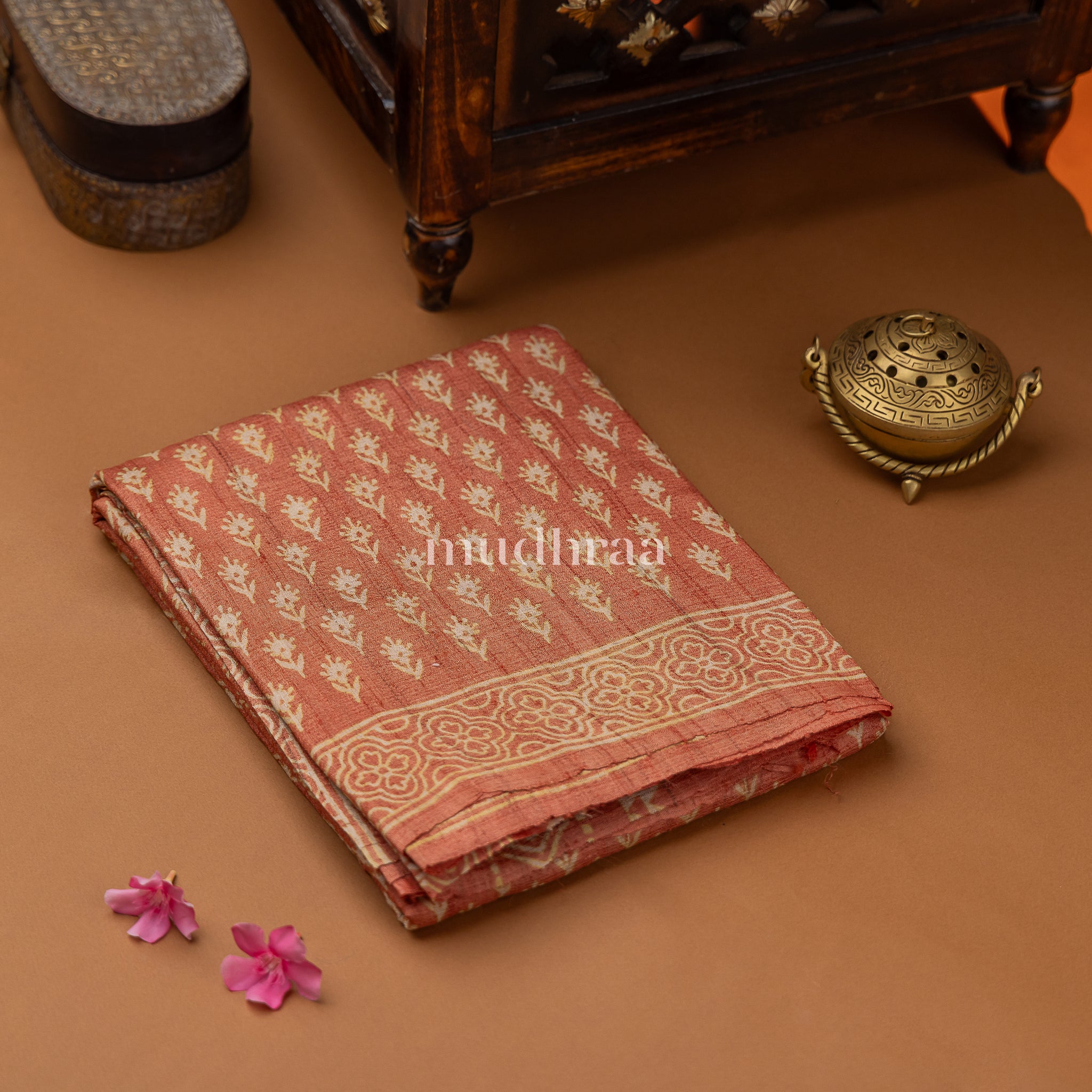 CORAL ORANGE HANDBLOCK PRINTED TUSSAR SAREE