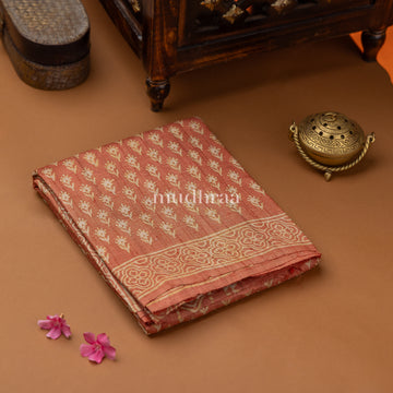 CORAL ORANGE HANDBLOCK PRINTED TUSSAR SAREE