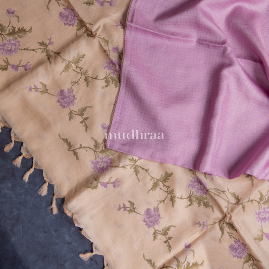 LAVENDER & IVORY CROSS-STITCH TUSSAR SAREE