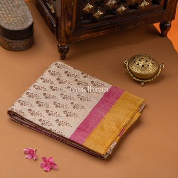 IVORY HANDBLOCK PRINTED TUSSAR SAREE