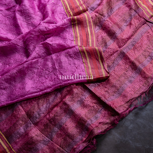 GRAPE HAND-KNOTTED BANDHANI TUSSAR SAREE