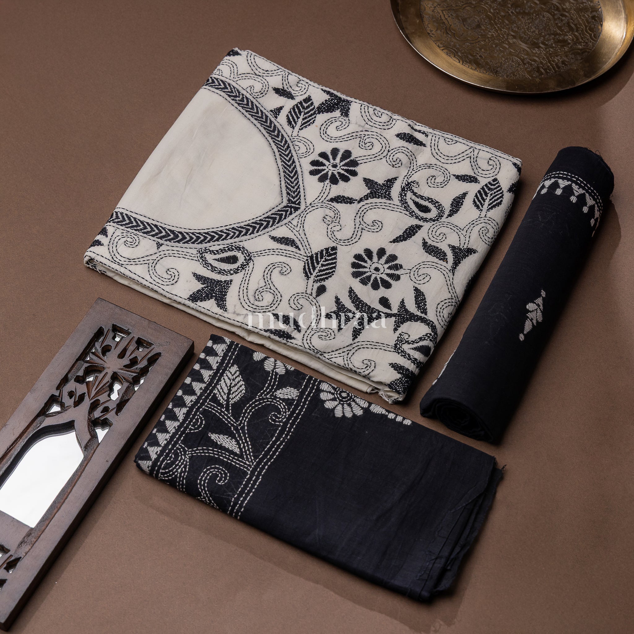 WHITE & BLACK EMBROIDERED KHADI COTTON SUIT SET