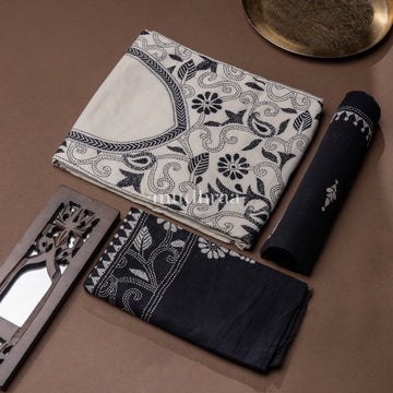 WHITE & BLACK EMBROIDERED KHADI COTTON SUIT SET