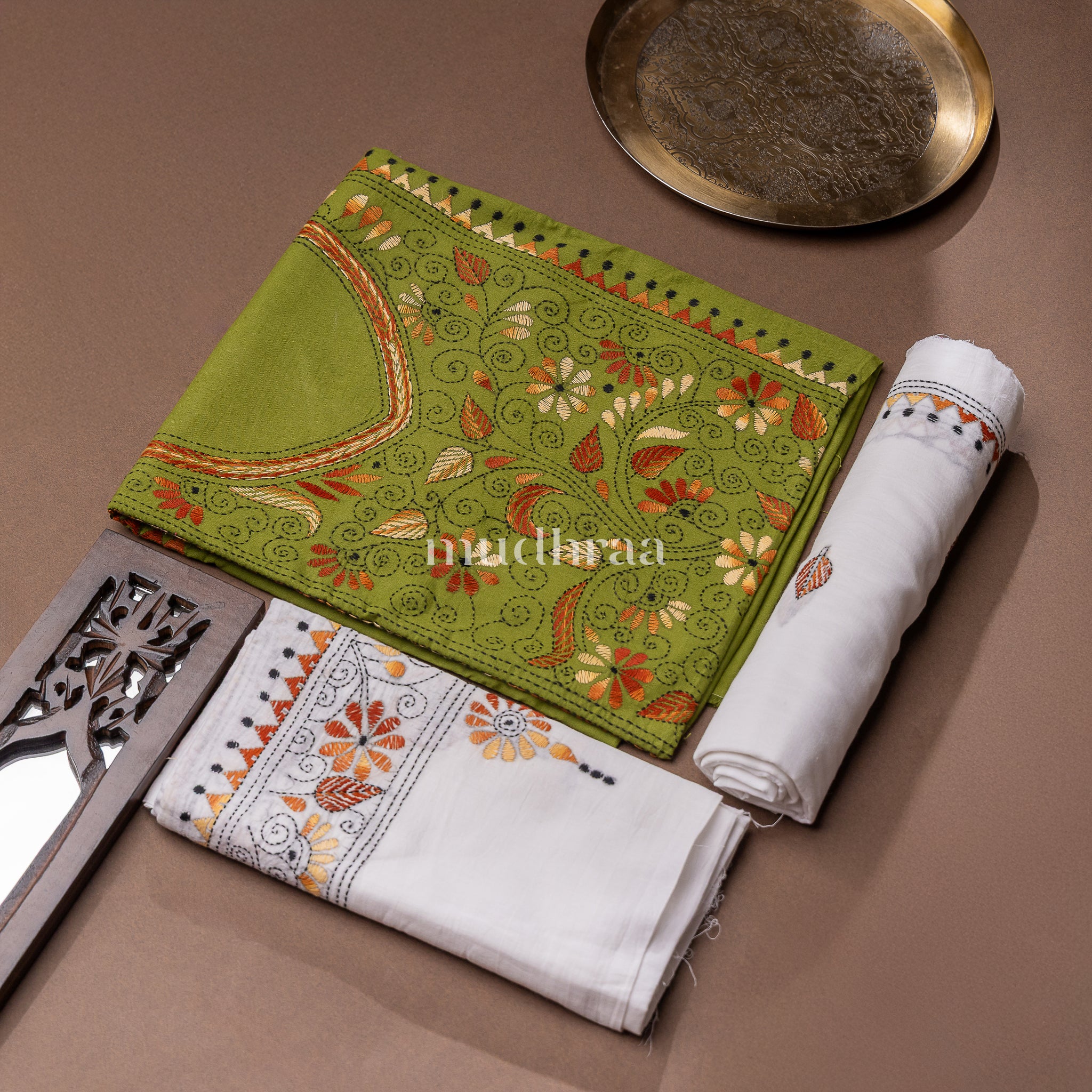 MOSS GREEN & WHITE EMBROIDERED KHADI COTTON SUIT SET