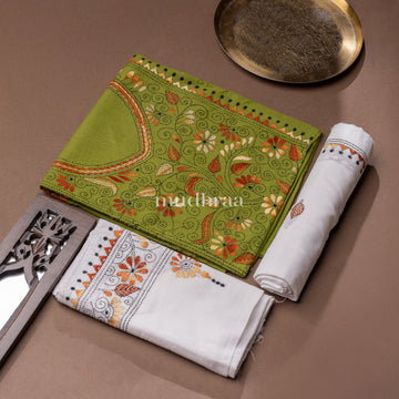 MOSS GREEN & WHITE EMBROIDERED KHADI COTTON SUIT SET