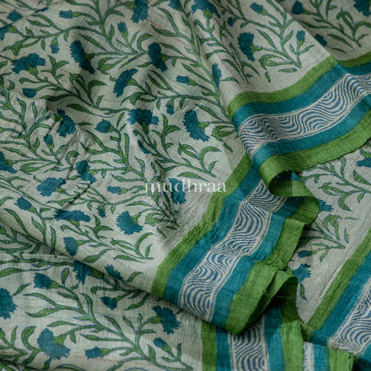 PEAR GREEN HANDBLOCK PRINTED TUSSAR SAREE