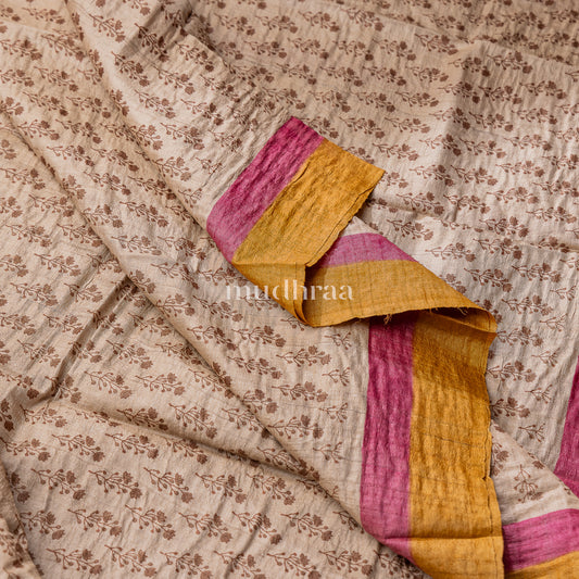 IVORY HANDBLOCK PRINTED TUSSAR SAREE