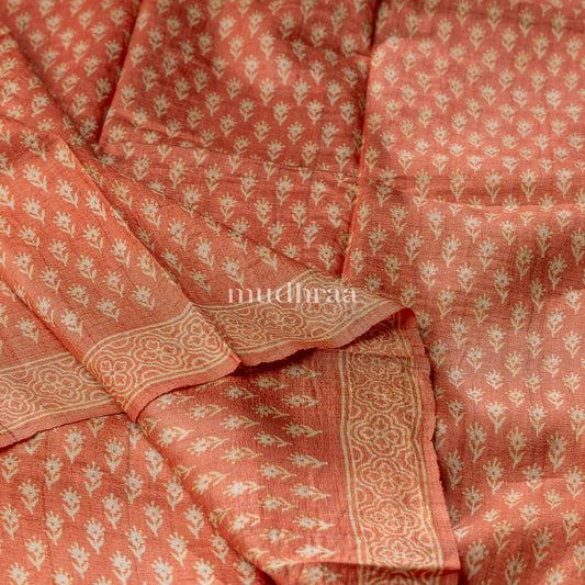 CORAL ORANGE HANDBLOCK PRINTED TUSSAR SAREE