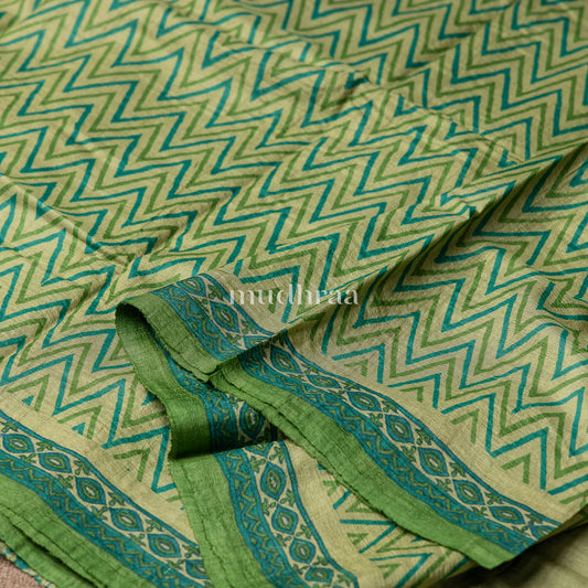 FOREST GREEN  HANDBLOCK PRINTED TUSSAR SAREE