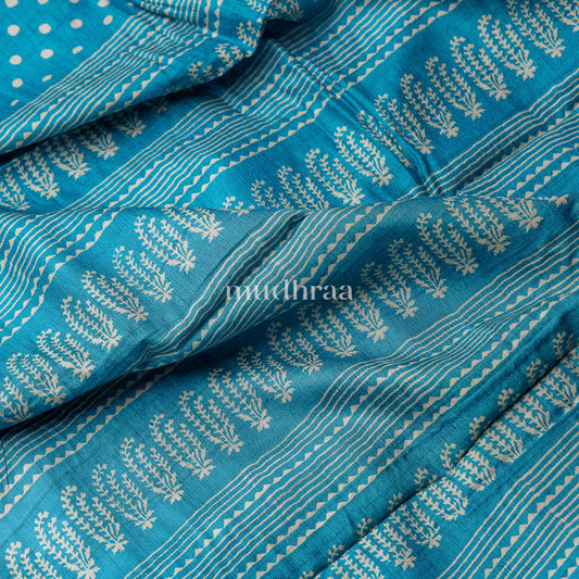 DARK TURQUOISE HANDBLOCK PRINTED TUSSAR SAREE